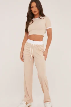 Rebellious Fashion Stone Contrast Binding Cropped Top & Wide Leg Trousers Co-ord Set - Kloni