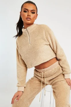 Rebellious Fashion Stone Cropped Zip Front Teddy Jumper - Brady