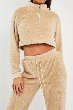 Rebellious Fashion Stone Cropped Zip Front Teddy Jumper - Brady