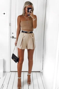 Rebellious Fashion Stone Gold Button Front Shorts - Alencia