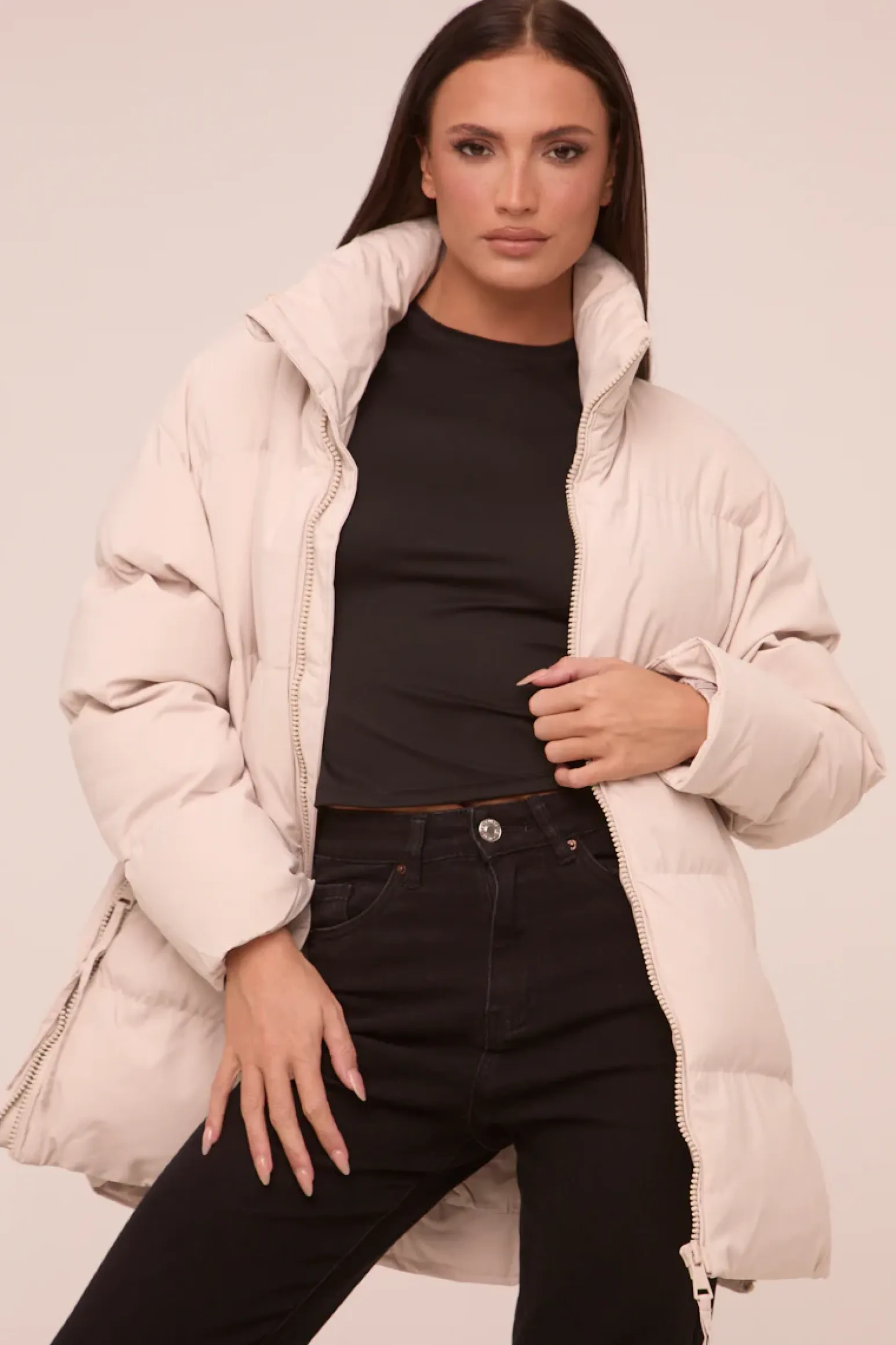 Rebellious Fashion Stone High Neck Zip Fastening Puffer Jacket - Camelia