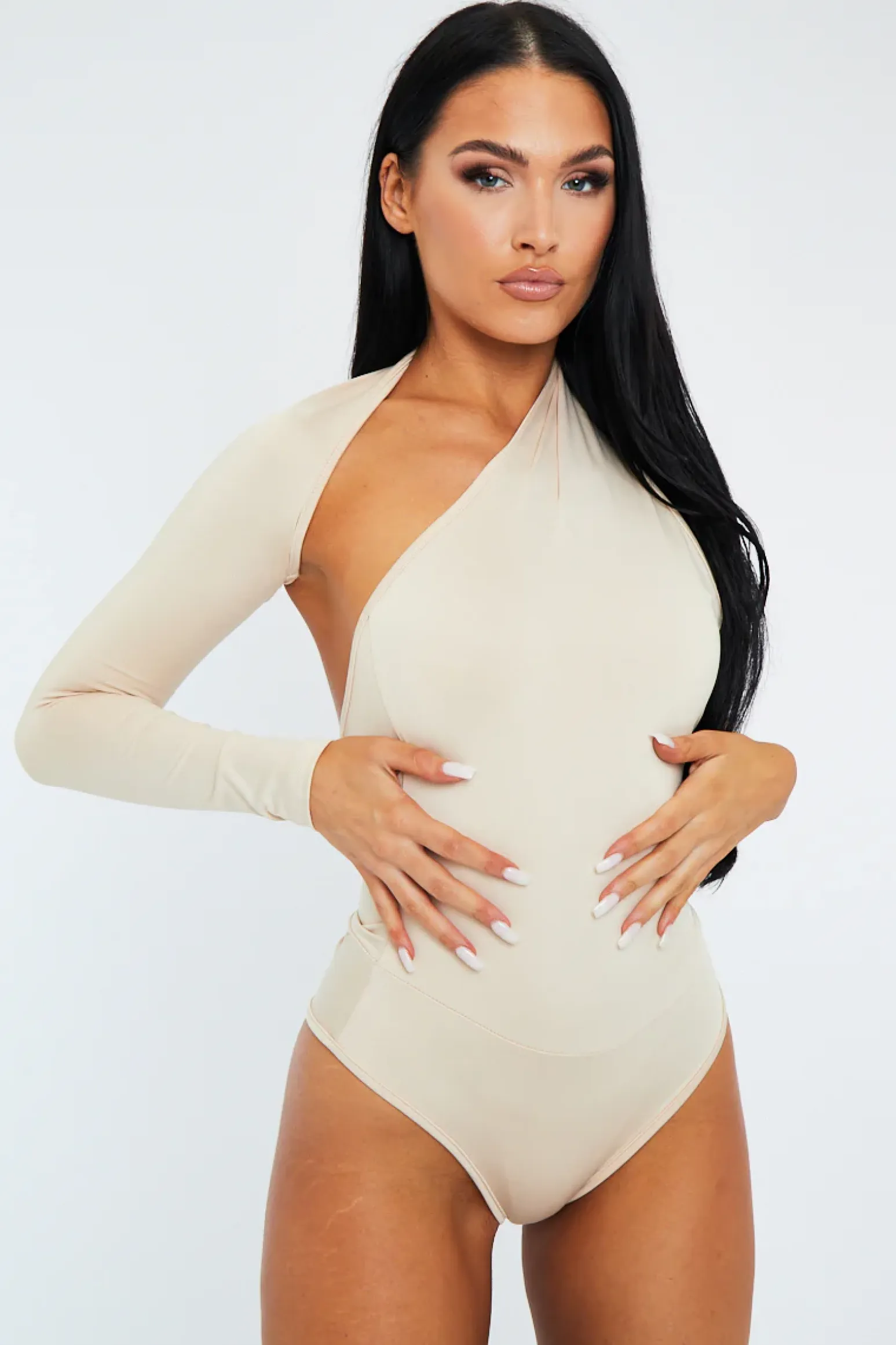 Rebellious Fashion Stone One Sleeve Slinky Bodysuit - Adeen