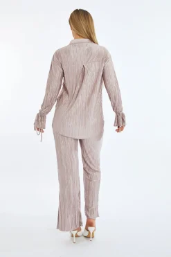 Rebellious Fashion Stone Plisse Button Front Oversized Shirt & Trouser Set - Ingrid