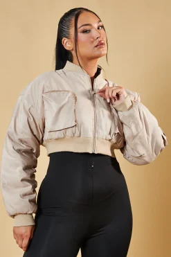 Rebellious Fashion Stone Pocket Detail Cropped Bomber Jacket - Reagan