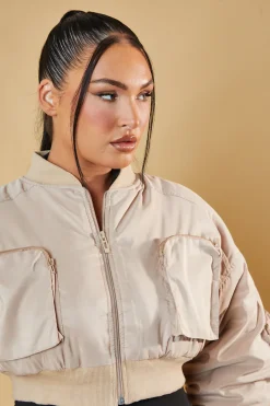 Rebellious Fashion Stone Pocket Detail Cropped Bomber Jacket - Reagan