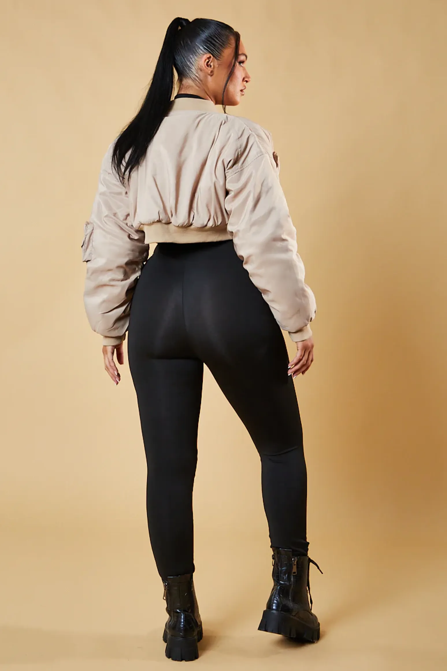 Rebellious Fashion Stone Pocket Detail Cropped Bomber Jacket - Reagan