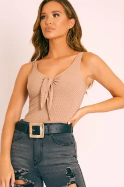 Rebellious Fashion Stone Ribbed Tie Front Bodysuit - Jadynn
