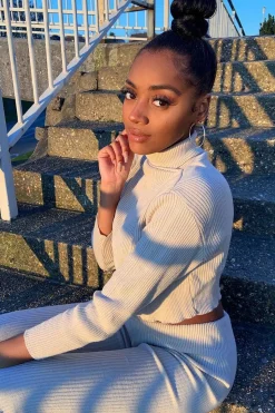 Rebellious Fashion Stone Rib Crop Jumper Loungewear Set - Ayriana