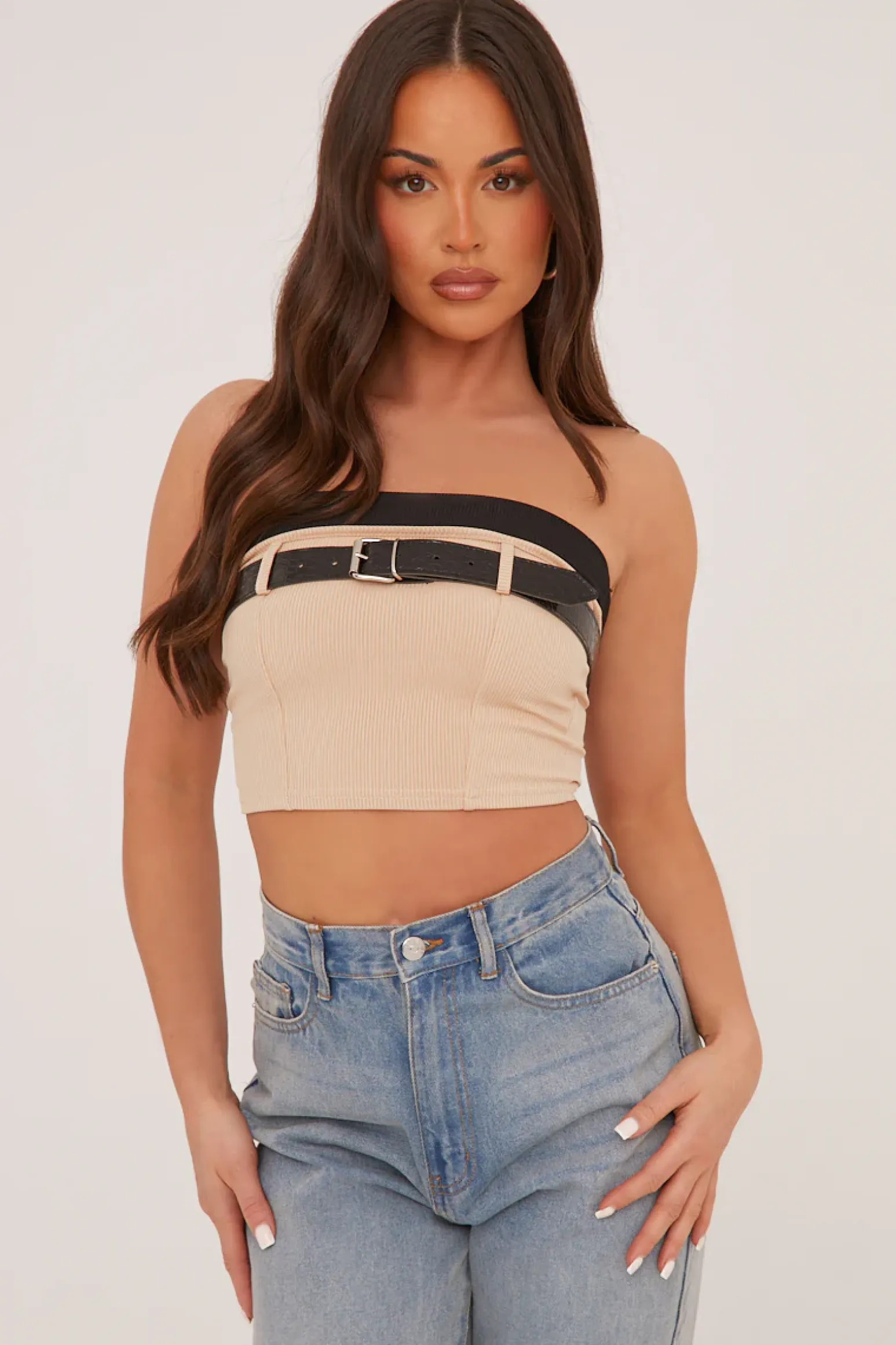 Rebellious Fashion Stone Rib Knit Belt Detail Bandeau Cropped Top - Dela