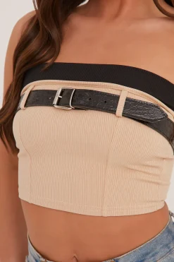 Rebellious Fashion Stone Rib Knit Belt Detail Bandeau Cropped Top - Dela