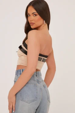 Rebellious Fashion Stone Rib Knit Belt Detail Bandeau Cropped Top - Dela