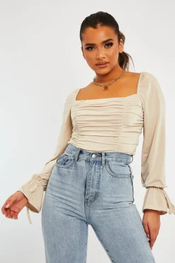 Rebellious Fashion Stone Ruched Panel Tie Wrist Slinky Bodysuit - Elenna