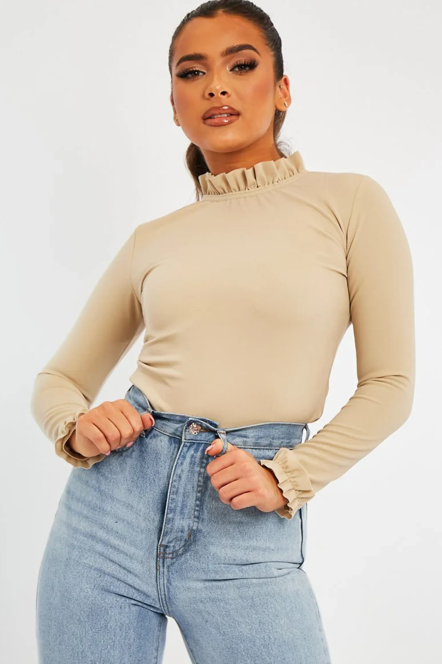 Rebellious Fashion Stone Ruffle Neck Bodysuit - Trudy