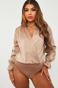 Rebellious Fashion Stone Satin Plunge Wrap Bodysuit - Penelopi