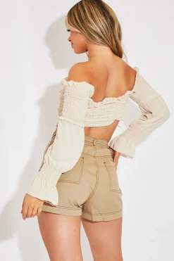 Rebellious Fashion Stone Shirred Wrap Over Bardot Crop Top - Zuri