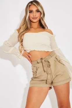 Rebellious Fashion Stone Shirred Wrap Over Bardot Crop Top - Zuri