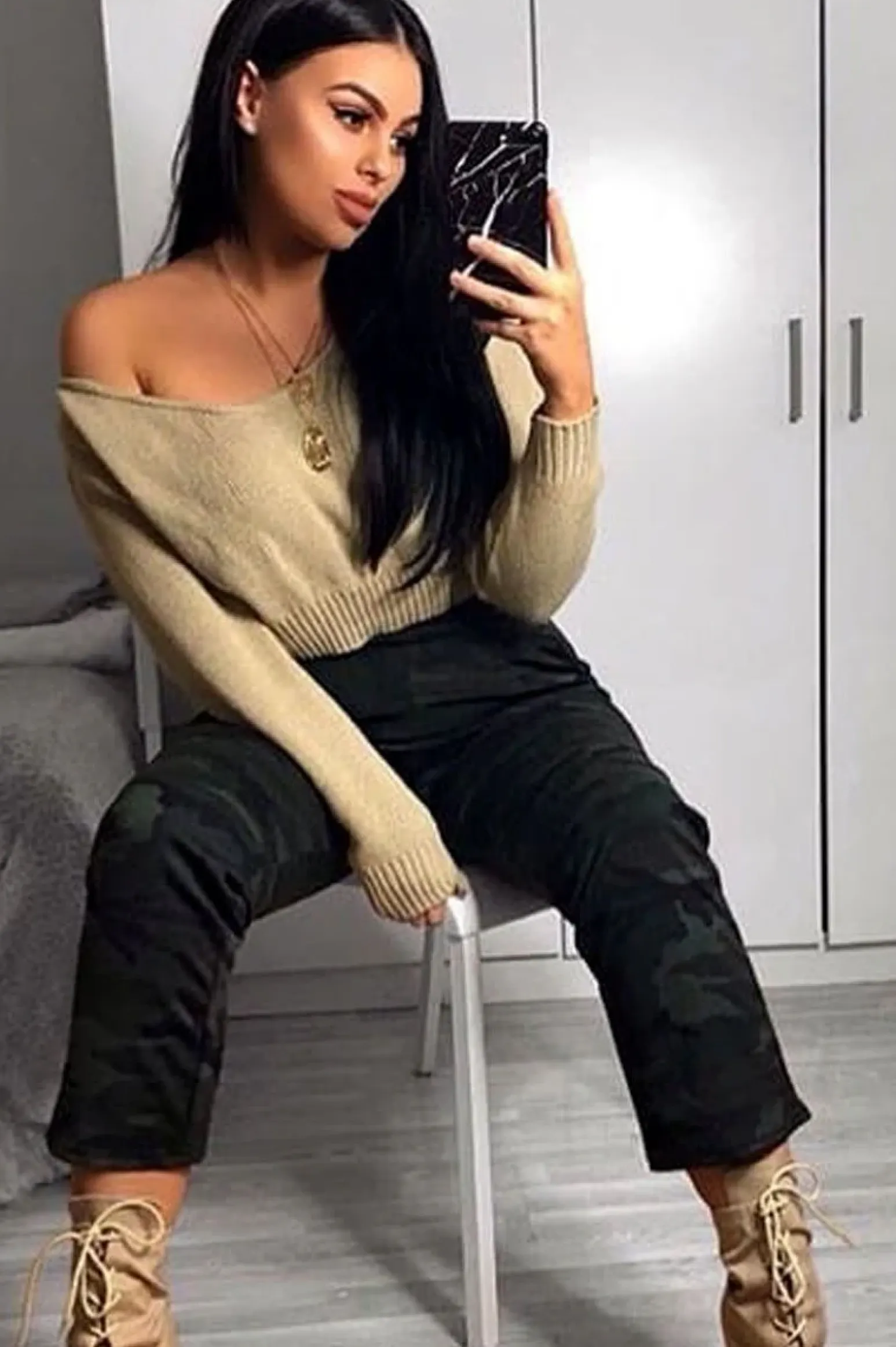 Rebellious Fashion Stone V Neck Off Shoulder Knitted Cropped Jumper - Kirby