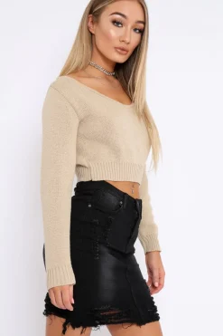 Rebellious Fashion Stone V Neck Off Shoulder Knitted Cropped Jumper - Kirby