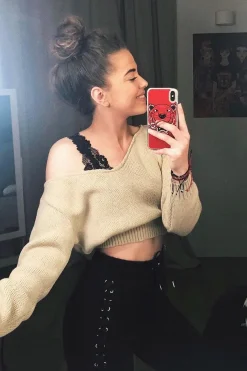 Rebellious Fashion Stone V Neck Off Shoulder Knitted Cropped Jumper - Kirby