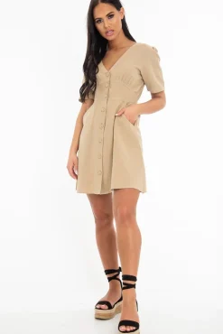 Rebellious Fashion Stone Woven Plunge Button Front Mini Dress - Alyx