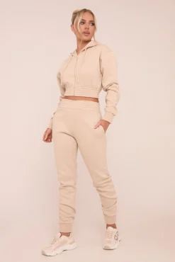 Rebellious Fashion Stone Zip Front Elasticated Detail Loungewear Co-ord Set - Carmel