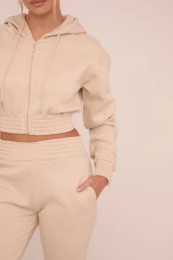 Rebellious Fashion Stone Zip Front Elasticated Detail Loungewear Co-ord Set - Carmel
