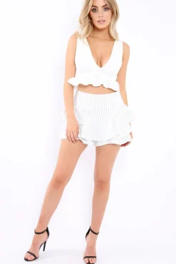 Rebellious Fashion Striped White Frill High Waisted Shorts - Claudelle