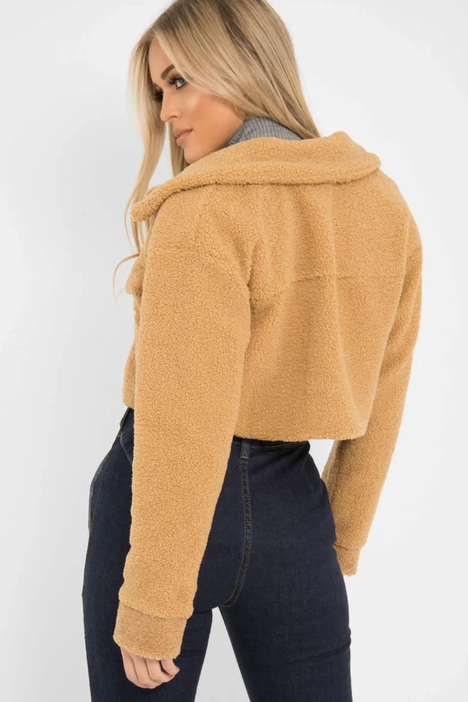 Rebellious Fashion Tan Cropped Borg Trucker Jacket - Aarohi