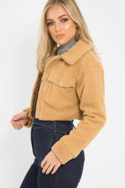 Rebellious Fashion Tan Cropped Borg Trucker Jacket - Aarohi