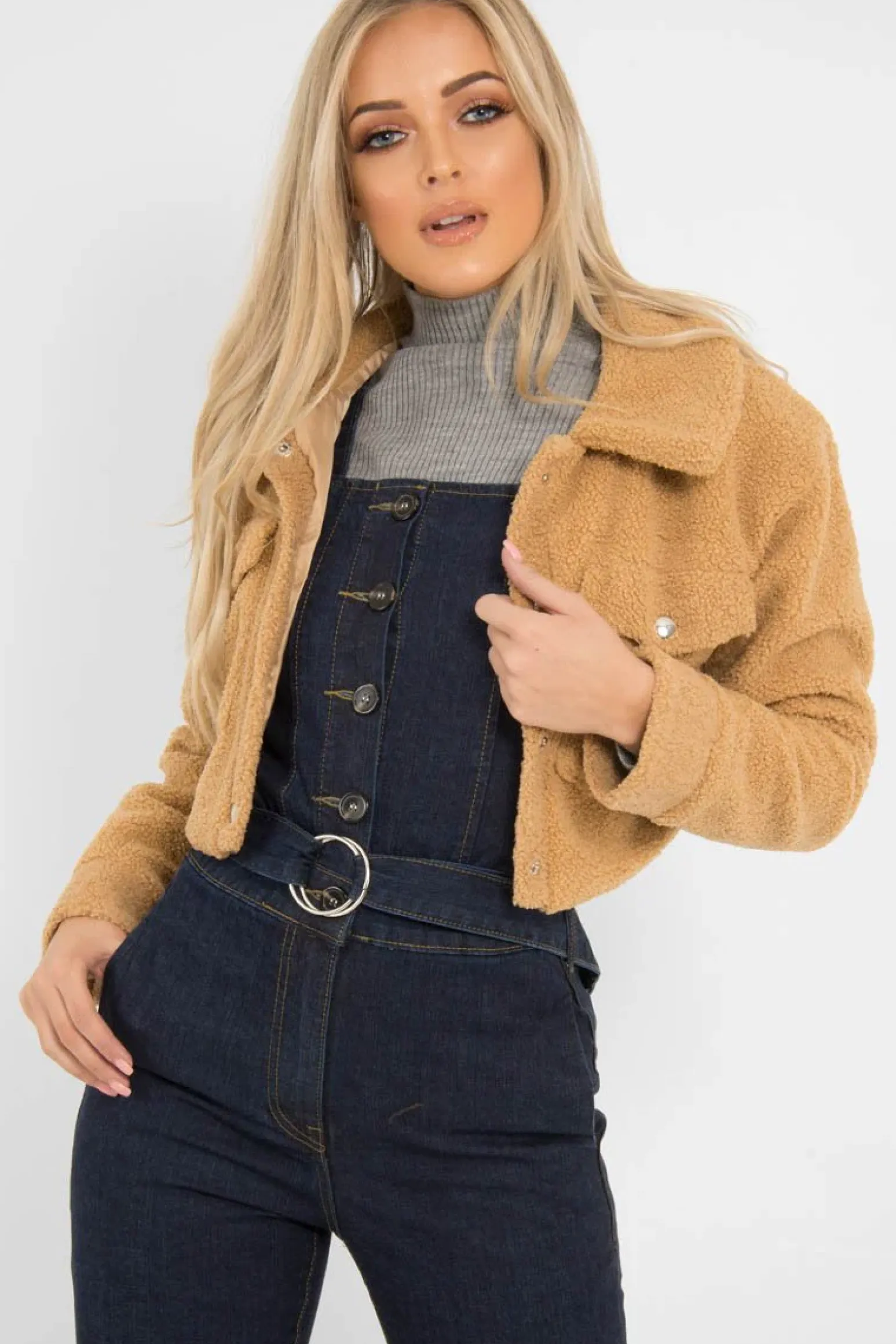Rebellious Fashion Tan Cropped Borg Trucker Jacket - Aarohi