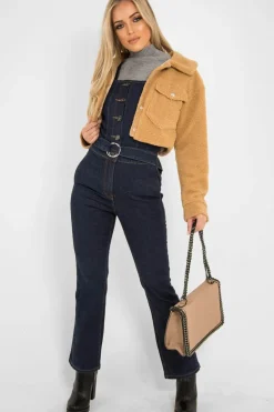 Rebellious Fashion Tan Cropped Borg Trucker Jacket - Aarohi