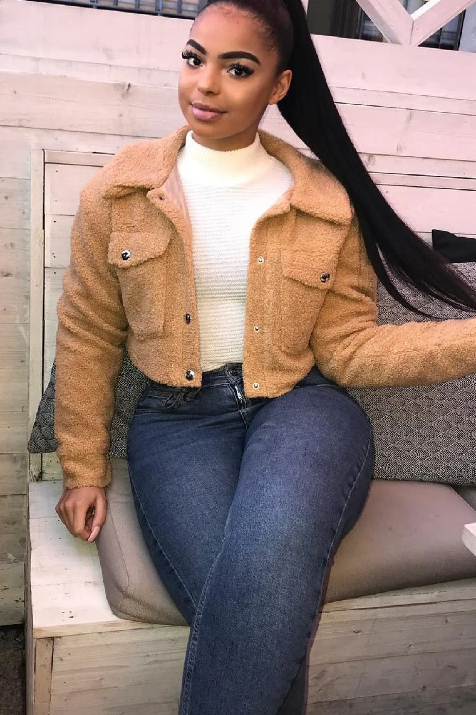 Rebellious Fashion Tan Cropped Borg Trucker Jacket - Aarohi