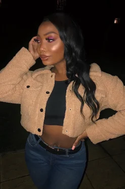Rebellious Fashion Tan Cropped Borg Trucker Jacket - Aarohi