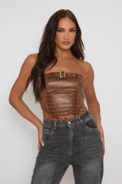 Rebellious Fashion Tan Faux Leather Lace Front Bandeau Top - Sarina