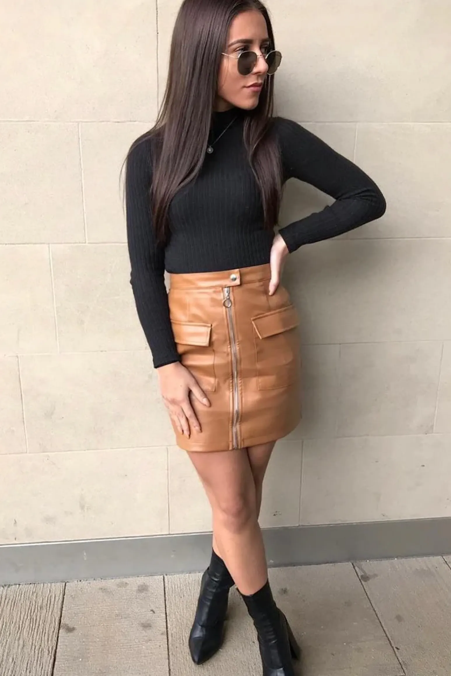 Rebellious Fashion Tan Faux Leather Zip Front Utility Pocket Skirt - Paeyton