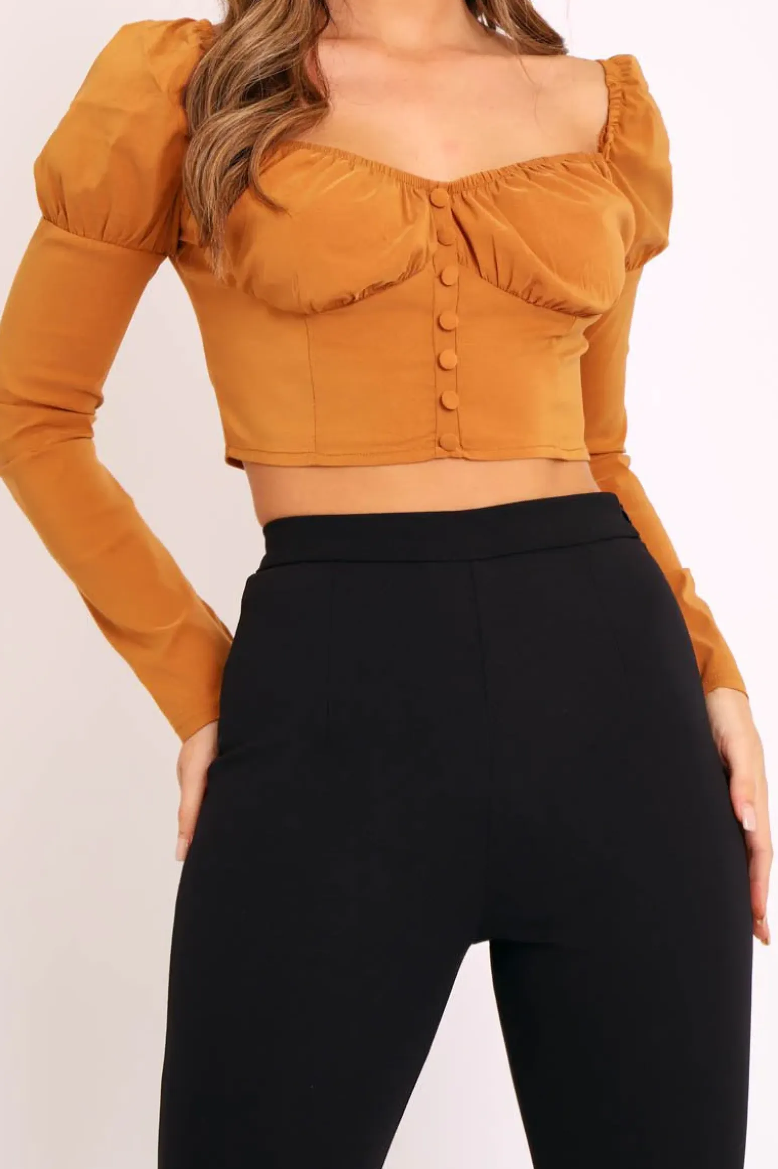 Rebellious Fashion Tan Long Sleeve Button Front Milkmaid Crop Top - Gillie