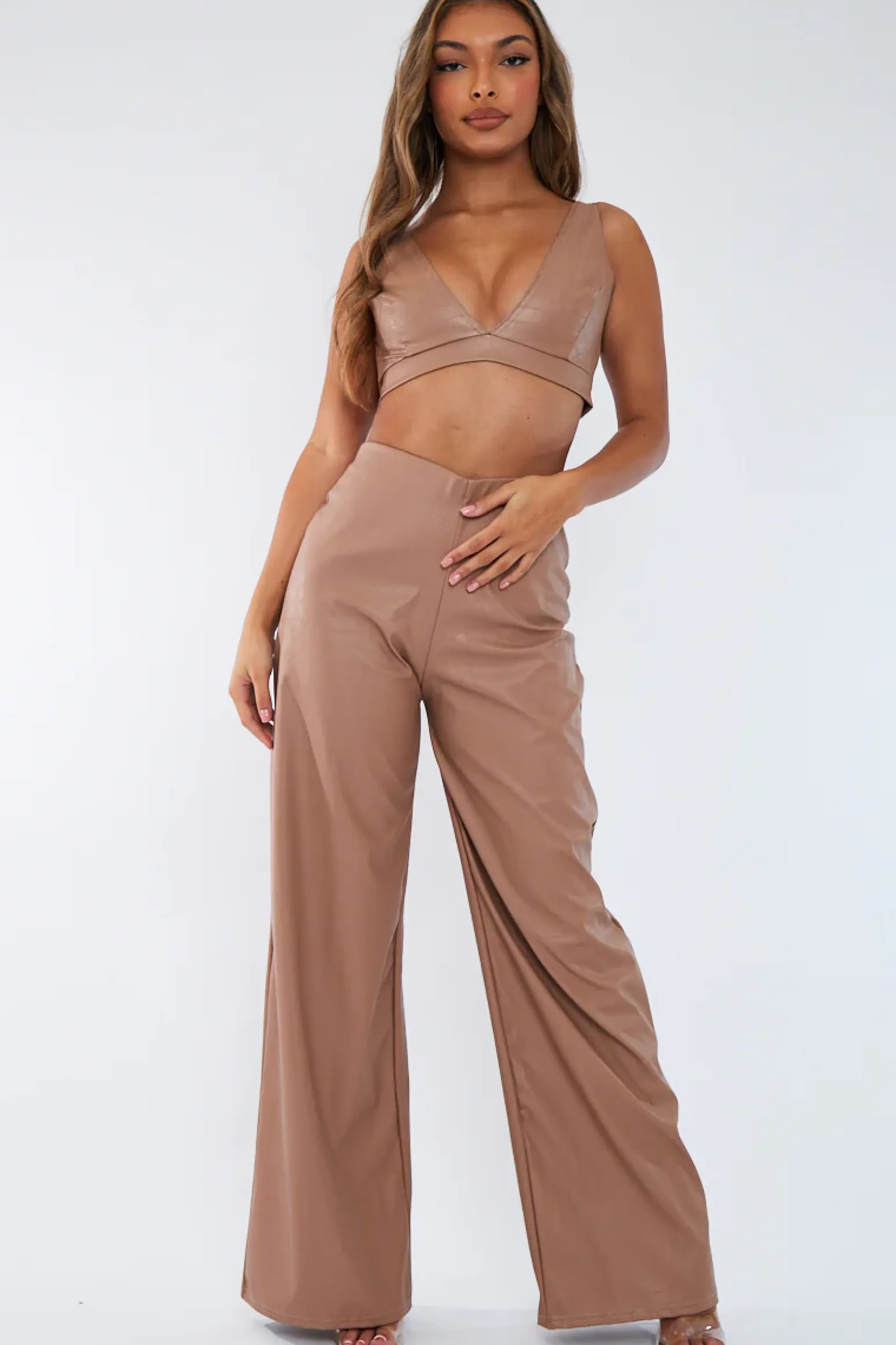 Rebellious Fashion Tan PU Croc Leather Straight Leg Trousers - Sevyn