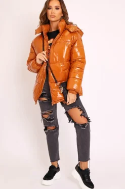 Rebellious Fashion Tan Shiny Wet Look Chunky Hooded Puffer Coat - Syra