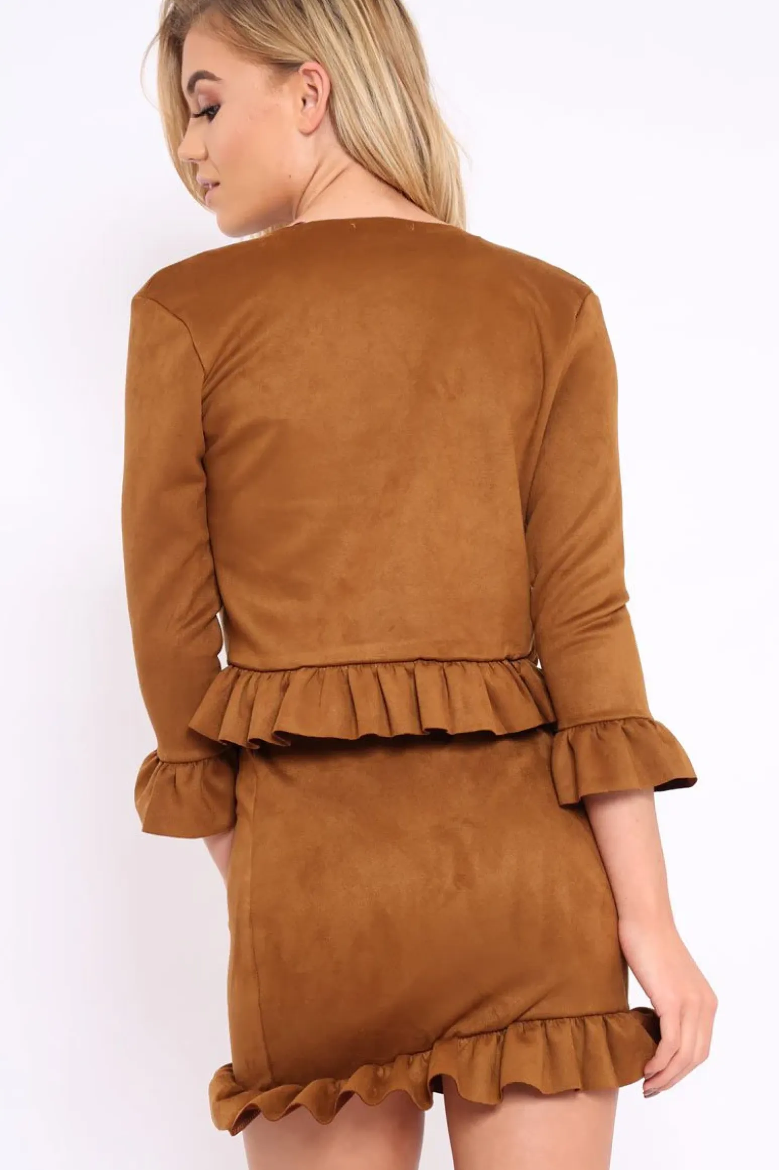 Rebellious Fashion Tan Suedette Frill Hems Jacket - Elsa