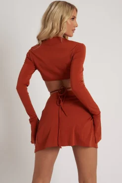 Rebellious Fashion Tan Tie Waist Crop Top & Mini Skirt Co-Ord - Thora