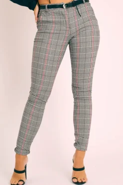 Rebellious Fashion Tartan Grey Sparkle Belted Trousers - Beverley