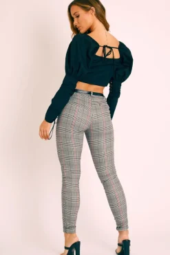 Rebellious Fashion Tartan Grey Sparkle Belted Trousers - Beverley