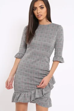 Rebellious Fashion Tartan Hound-Tooth Frill Hem Dress - Caitlin