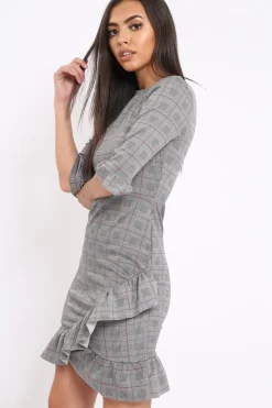 Rebellious Fashion Tartan Hound-Tooth Frill Hem Dress - Caitlin