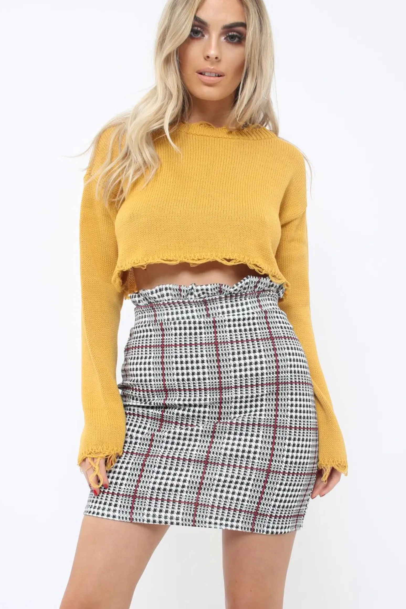 Rebellious Fashion Tartan Hound-Tooth Ruffle Hem Mini Skirt - Abagail