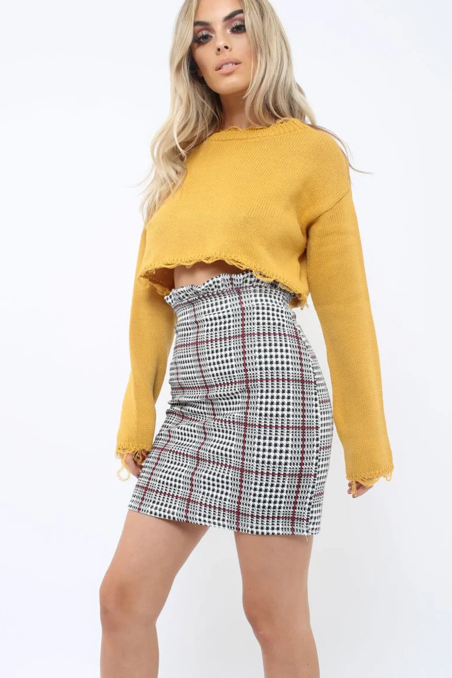 Rebellious Fashion Tartan Hound-Tooth Ruffle Hem Mini Skirt - Abagail