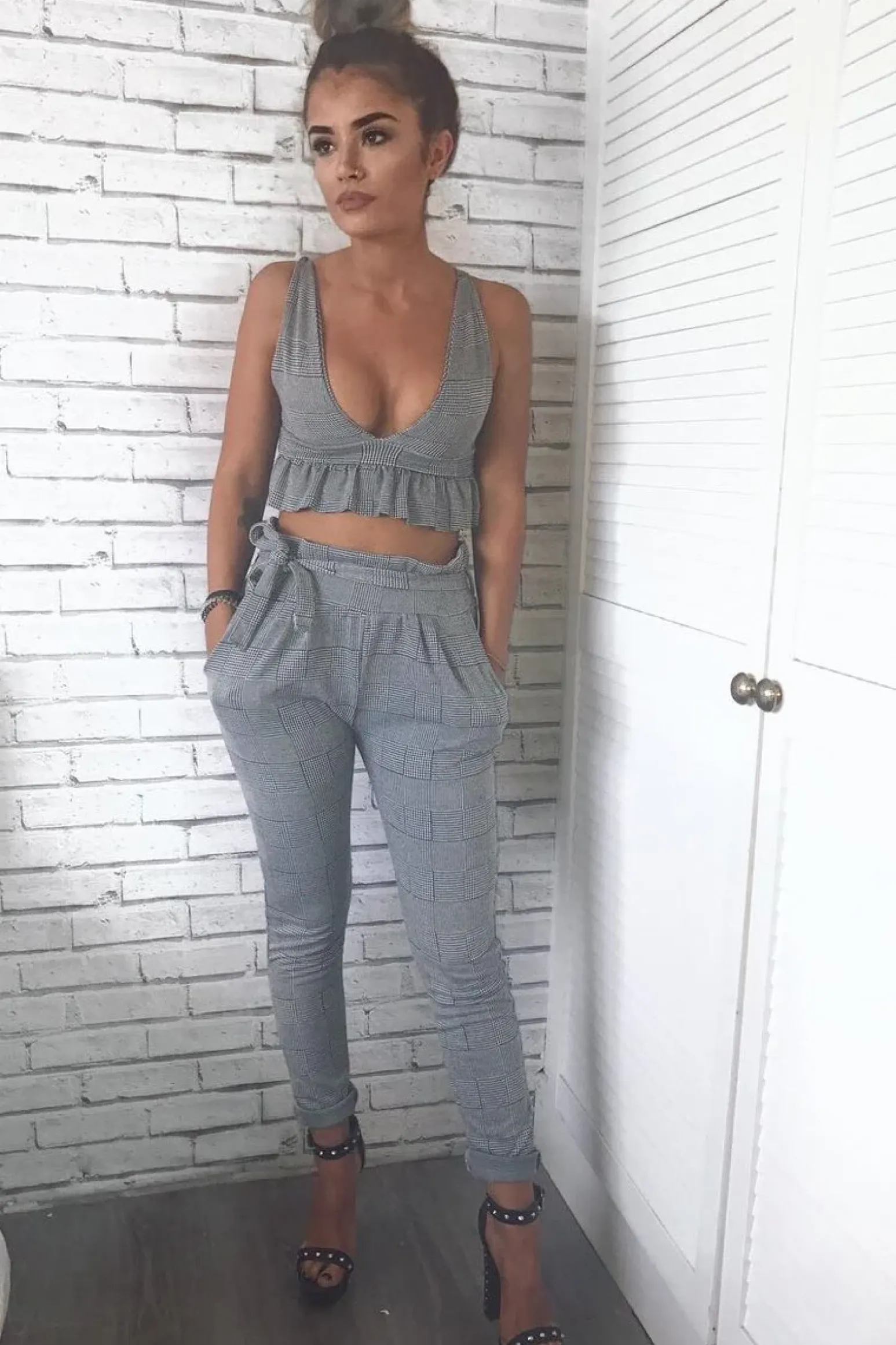 Rebellious Fashion Tartan Paper Bag Tie Waist Cigarette Trousers - Karmen