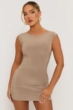 Rebellious Fashion Taupe Boat Neck Backless Bodycon Mini Dress - Imogen