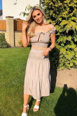 Rebellious Fashion Taupe Ruffle Linen Maxi Skirt - Melodia