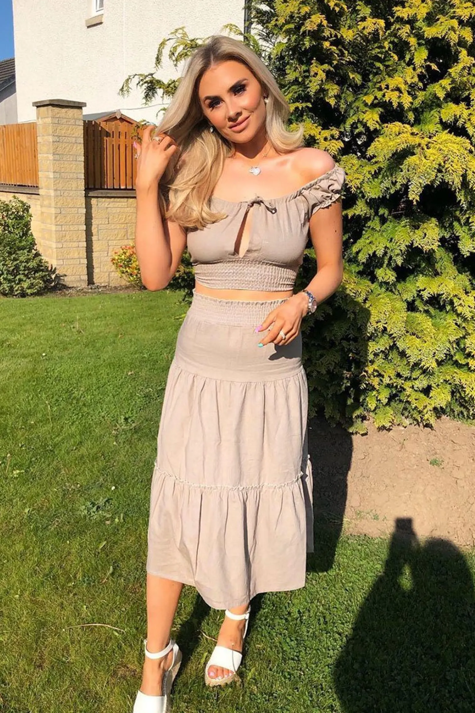 Rebellious Fashion Taupe Ruffle Shoulder Tie Back Crop Top - Melida